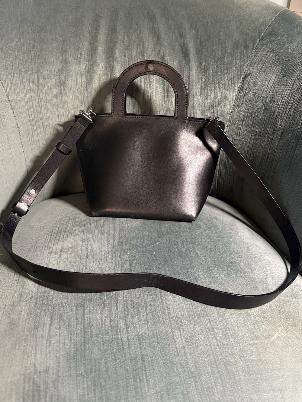 Minimalist Black Leather Crossbody Bag with Top Handle